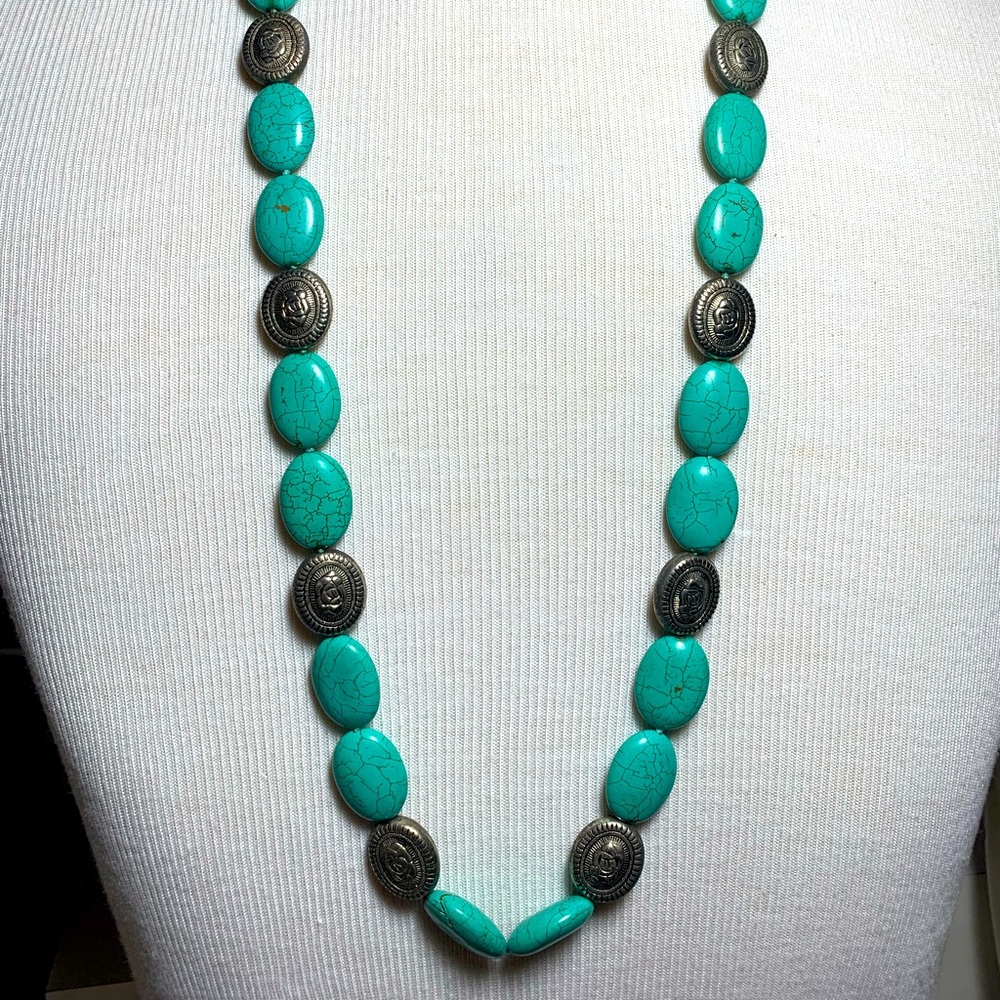Long turquoise silver bead necklace natural stone